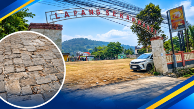 Gerbang Lapang Sekarwangi, Kabupaten Sukabumi, lokasi proyek penataan senilai Rp4,67 miliar yang menjadi sorotan terkait penggunaan paving block bekas.