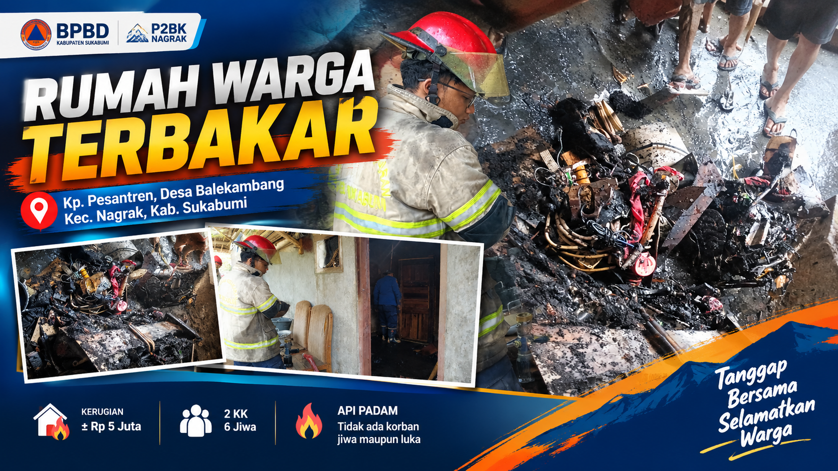 Petugas Damkar Pos V Cibadak bersama warga melakukan penanganan kebakaran di bagian dapur rumah warga di Desa Balekambang, Kecamatan Nagrak, Kabupaten Sukabumi, Selasa (20/10/2026).