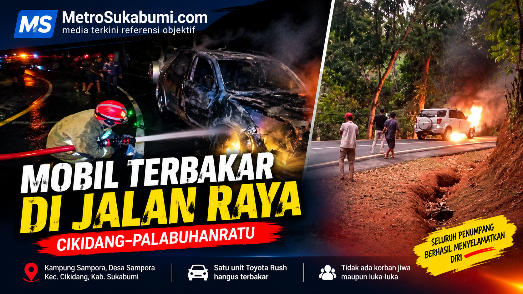 Toyota Rush bernomor polisi F 1184 GS terbakar di Jalan Raya Cikidang-Palabuhanratu, Kampung Sampora, Kecamatan Cikidang, Kabupaten Sukabumi, Minggu (18/10/2026) sore